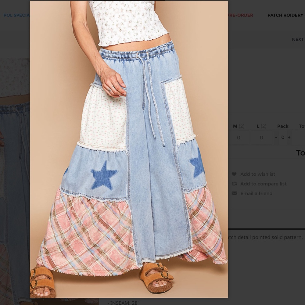 POL Patchwork Wide-Leg Maxi Skirt Pants in Light Blue, Pink, Cream
